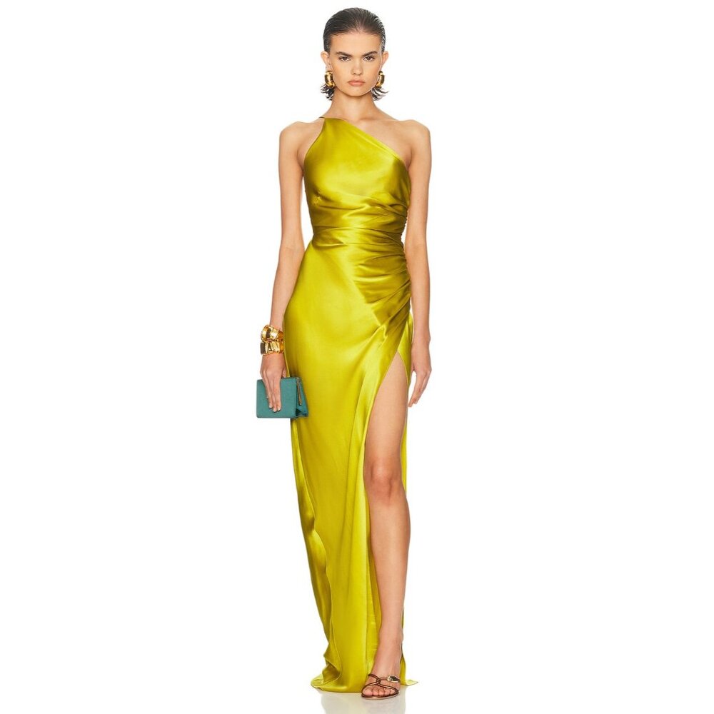 The Sei Asymmetric Gathered Wrap Gown in Yuzu Yellow Silk